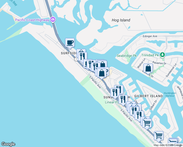 map of restaurants, bars, coffee shops, grocery stores, and more near in Seal Beach