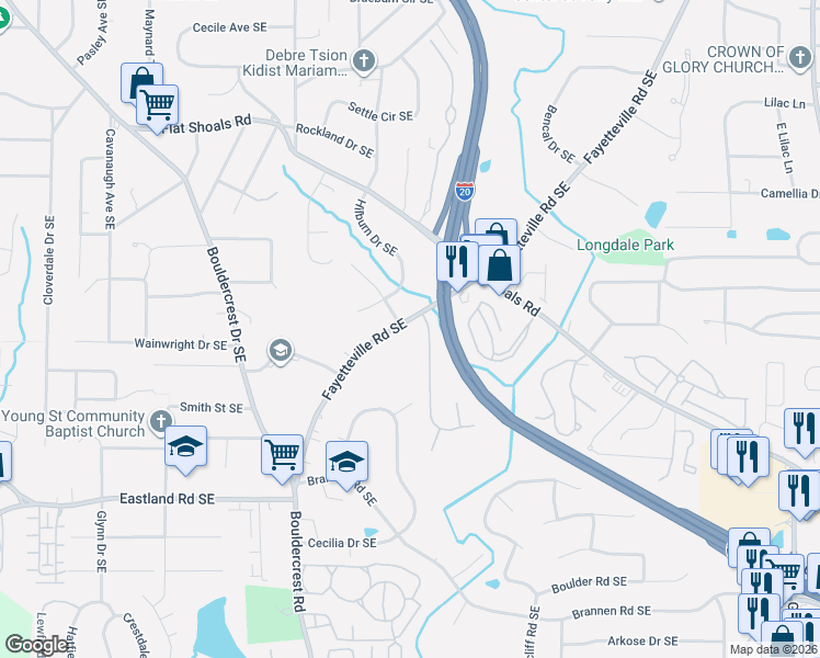 map of restaurants, bars, coffee shops, grocery stores, and more near 1056 Fayetteville Road Southeast in Atlanta