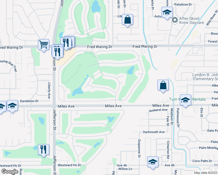 map of restaurants, bars, coffee shops, grocery stores, and more near 80566 Knightswood Road in Indio