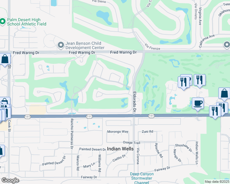 map of restaurants, bars, coffee shops, grocery stores, and more near 75720 Valle Vista Drive in Indian Wells