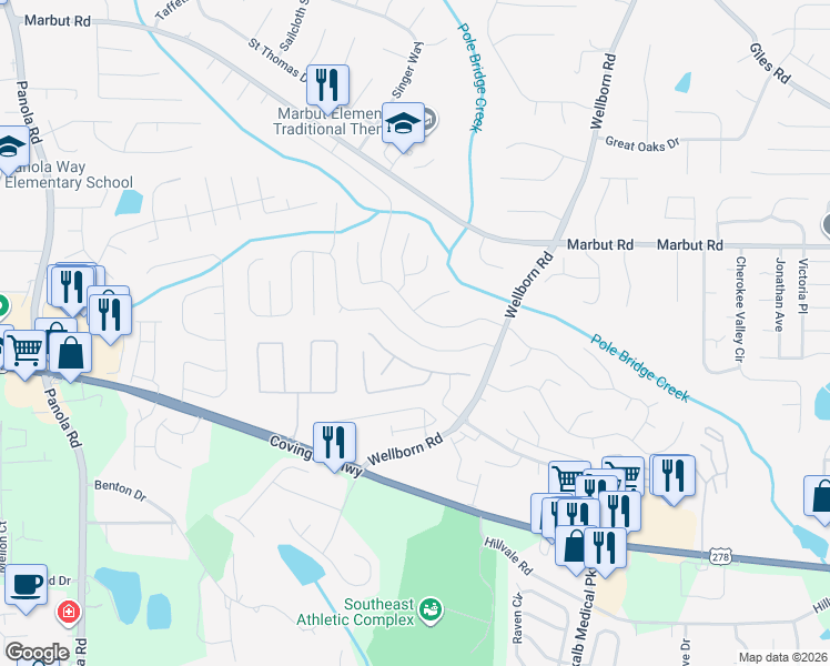 map of restaurants, bars, coffee shops, grocery stores, and more near 5763 Wellborn Creek Drive in Lithonia