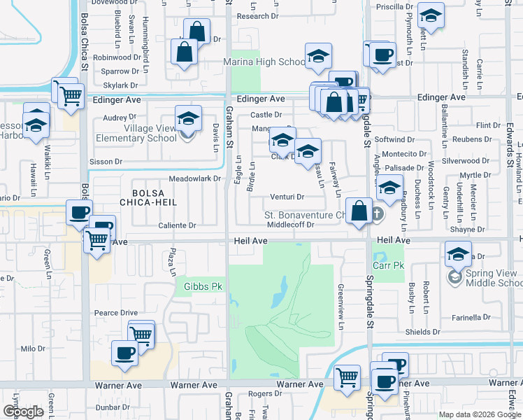 map of restaurants, bars, coffee shops, grocery stores, and more near 16381 Ace Lane in Huntington Beach