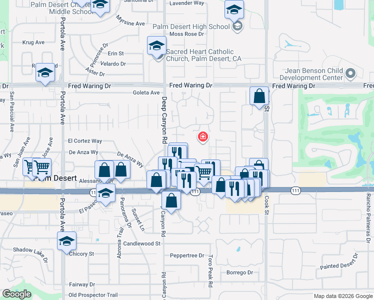 map of restaurants, bars, coffee shops, grocery stores, and more near 44715 Monaco Circle in Palm Desert