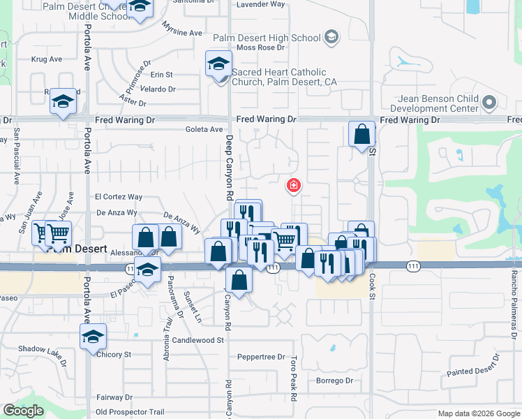 map of restaurants, bars, coffee shops, grocery stores, and more near 44715 Monaco Circle in Palm Desert