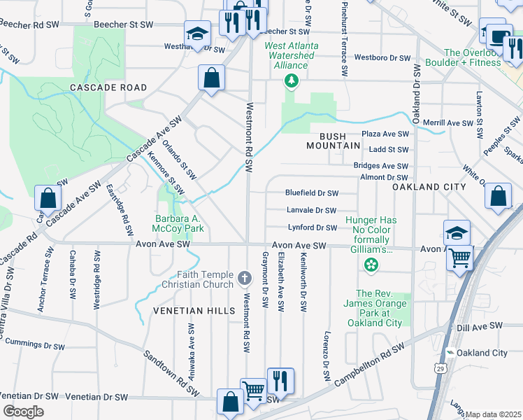 map of restaurants, bars, coffee shops, grocery stores, and more near 1135 Graymont Drive Southwest in Atlanta