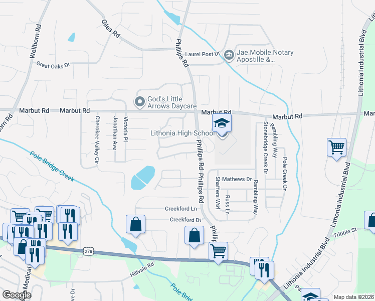 map of restaurants, bars, coffee shops, grocery stores, and more near 6297 Marbut Farms Trail in Lithonia