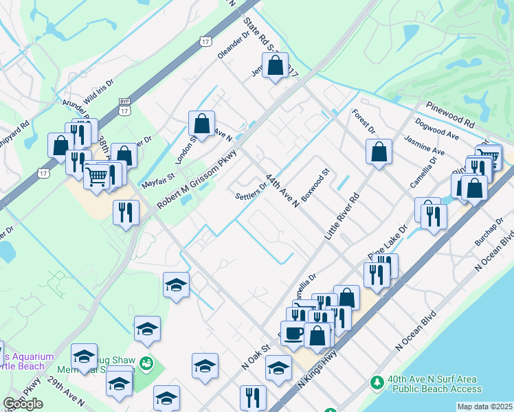 map of restaurants, bars, coffee shops, grocery stores, and more near 4115 Longleaf Place in Myrtle Beach