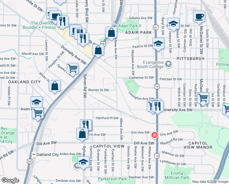map of restaurants, bars, coffee shops, grocery stores, and more near 1121 Allene Avenue Southwest in Atlanta