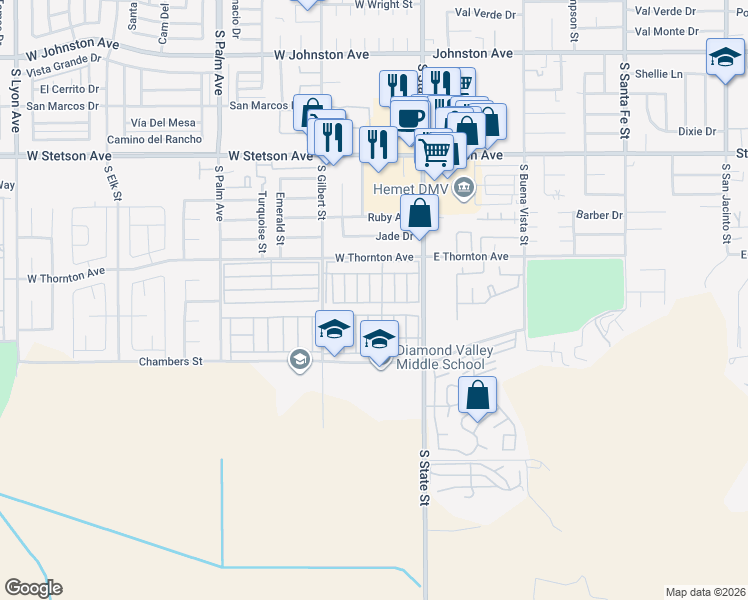 map of restaurants, bars, coffee shops, grocery stores, and more near 1455 South State Street in Hemet