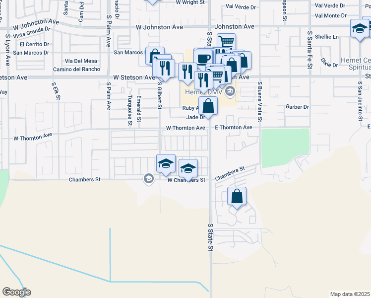 map of restaurants, bars, coffee shops, grocery stores, and more near 1455 South State Street in Hemet