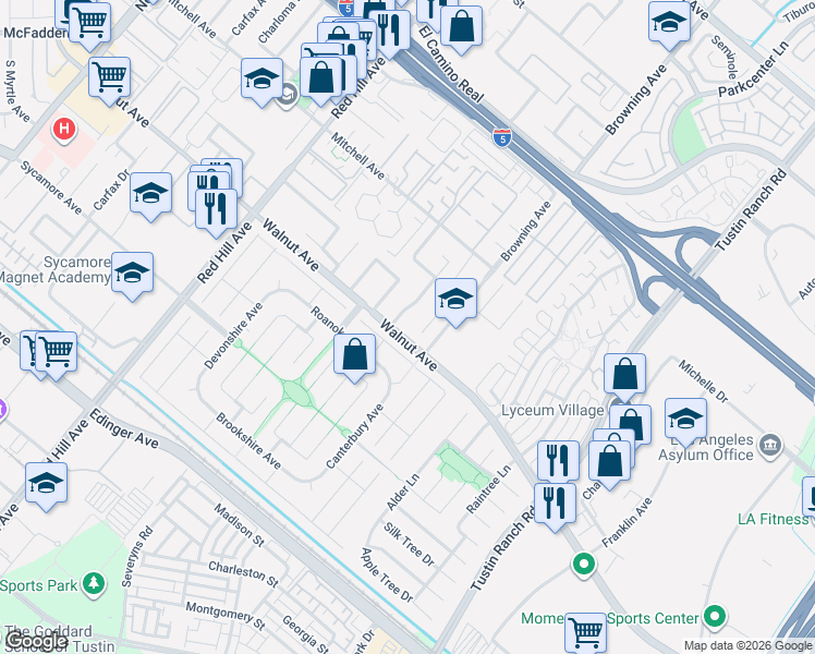 map of restaurants, bars, coffee shops, grocery stores, and more near 14451 Pinebrook Drive in Tustin