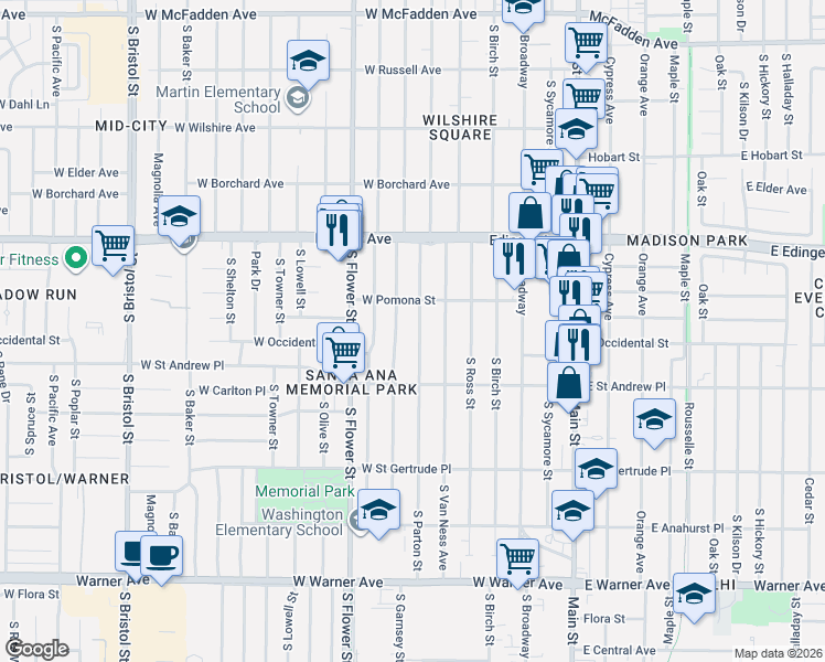 map of restaurants, bars, coffee shops, grocery stores, and more near 1713 South Garnsey Street in Santa Ana