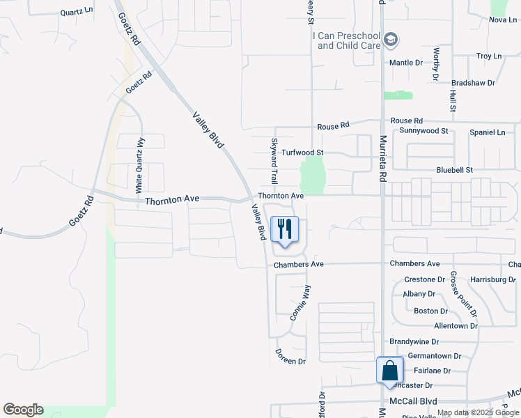 map of restaurants, bars, coffee shops, grocery stores, and more near 27279 Prominence Road in Menifee