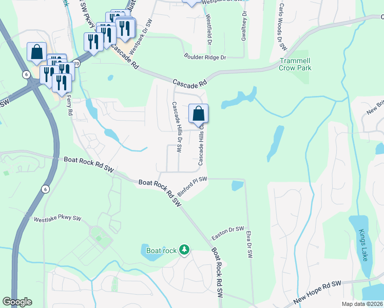 map of restaurants, bars, coffee shops, grocery stores, and more near 1150 Cascade Hills Drive Southwest in Atlanta