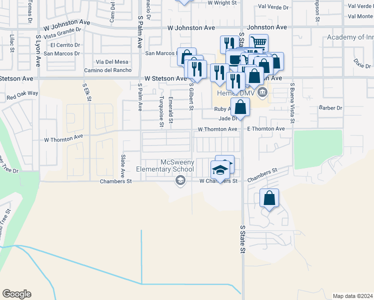 map of restaurants, bars, coffee shops, grocery stores, and more near 725 West Thornton Avenue in Hemet