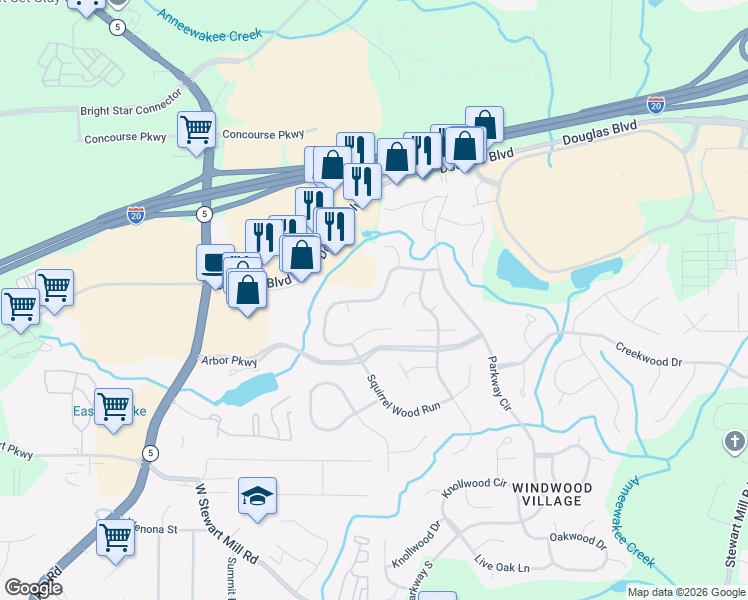 map of restaurants, bars, coffee shops, grocery stores, and more near 6845 Springwood Drive in Douglasville