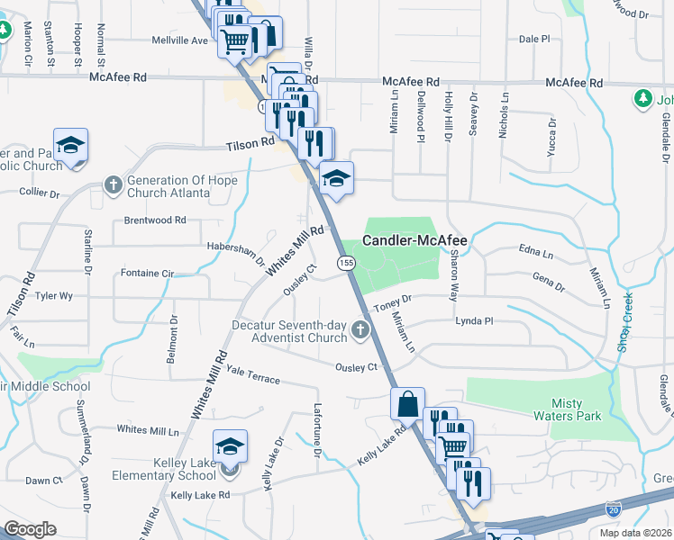 map of restaurants, bars, coffee shops, grocery stores, and more near 2716 Ellen Way in Decatur