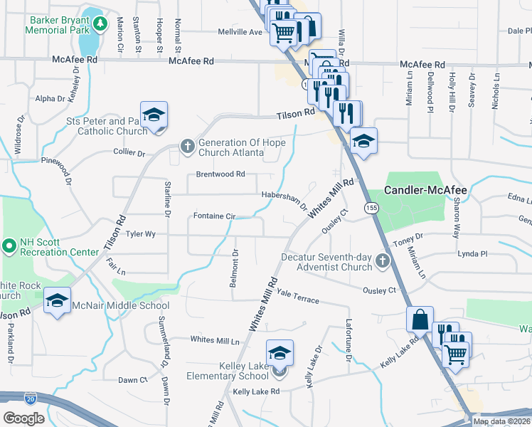 map of restaurants, bars, coffee shops, grocery stores, and more near 2562 Fontaine Circle in Decatur