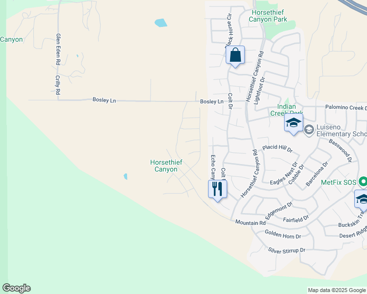 map of restaurants, bars, coffee shops, grocery stores, and more near 27186 Denali Court in Corona