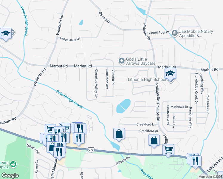 map of restaurants, bars, coffee shops, grocery stores, and more near 2193 Victoria Place in Lithonia