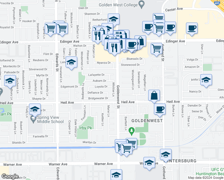 map of restaurants, bars, coffee shops, grocery stores, and more near 16381 Whittier Lane in Huntington Beach