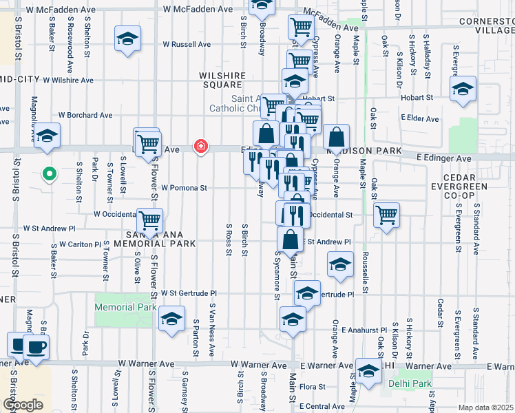 map of restaurants, bars, coffee shops, grocery stores, and more near 1800 South Broadway in Santa Ana