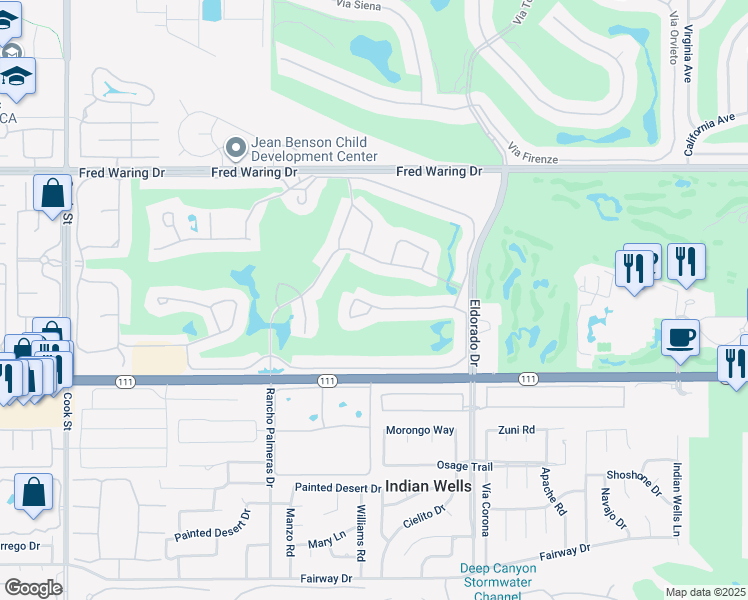 map of restaurants, bars, coffee shops, grocery stores, and more near 75672 Valle Vista Drive in Indian Wells