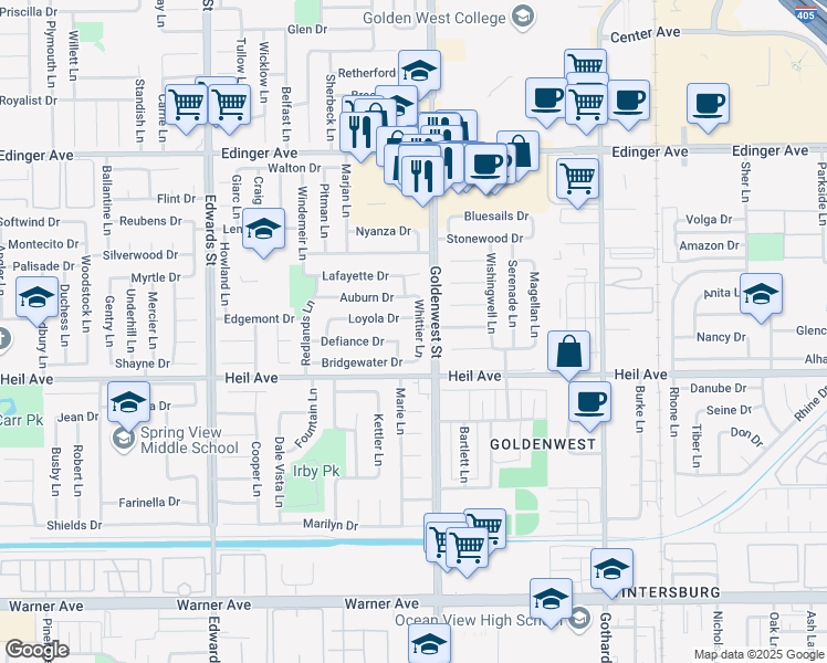 map of restaurants, bars, coffee shops, grocery stores, and more near 16381 Whittier Lane in Huntington Beach