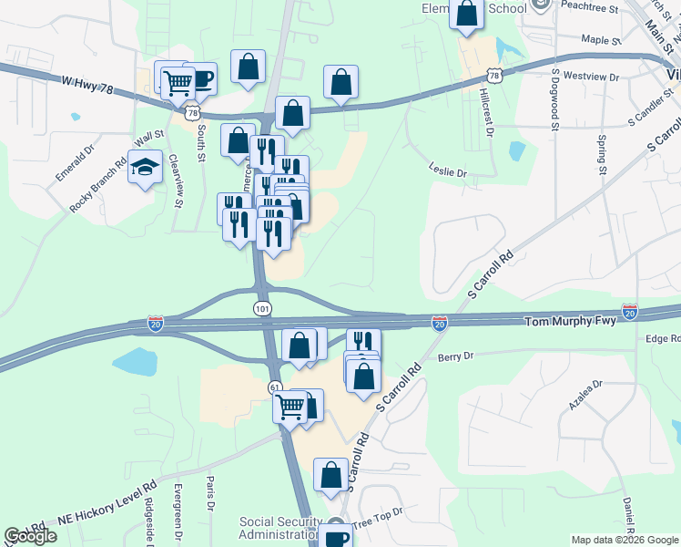 map of restaurants, bars, coffee shops, grocery stores, and more near 179 Lawrence Drive in Villa Rica