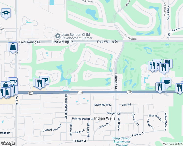 map of restaurants, bars, coffee shops, grocery stores, and more near 75672 Valle Vista Drive in Indian Wells