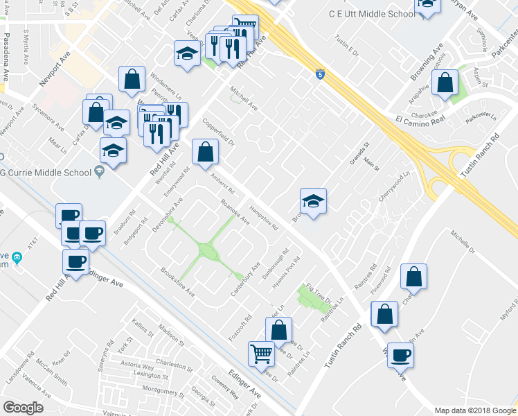 map of restaurants, bars, coffee shops, grocery stores, and more near 1871 Hampshire Road in Tustin