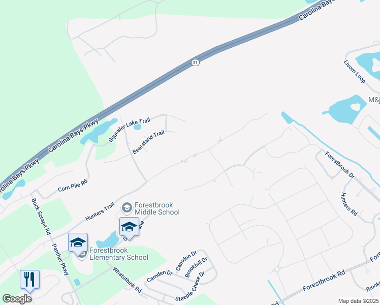 map of restaurants, bars, coffee shops, grocery stores, and more near 2426 Hunters Trail in Myrtle Beach