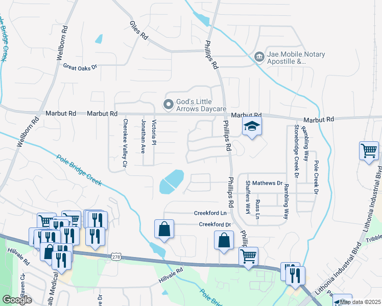 map of restaurants, bars, coffee shops, grocery stores, and more near 6185 Marbut Farms Trail in Lithonia