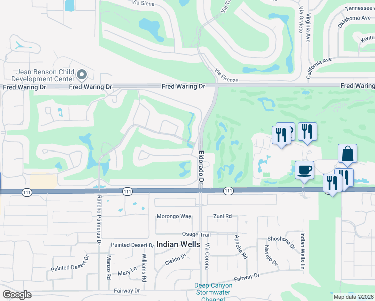 map of restaurants, bars, coffee shops, grocery stores, and more near 75768 Valle Vista Drive in Indian Wells