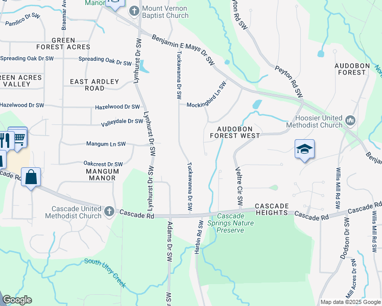 map of restaurants, bars, coffee shops, grocery stores, and more near 1160 Tuckawanna Drive Southwest in Atlanta