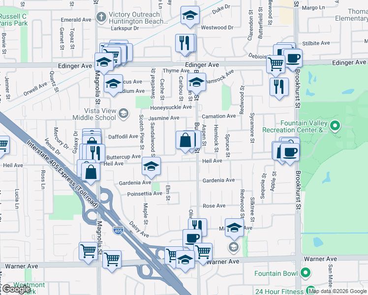 map of restaurants, bars, coffee shops, grocery stores, and more near 9433 Geranium Circle in Fountain Valley