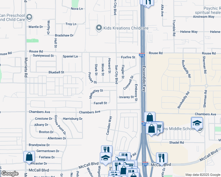 map of restaurants, bars, coffee shops, grocery stores, and more near 26708 Mehaffey Street in Menifee