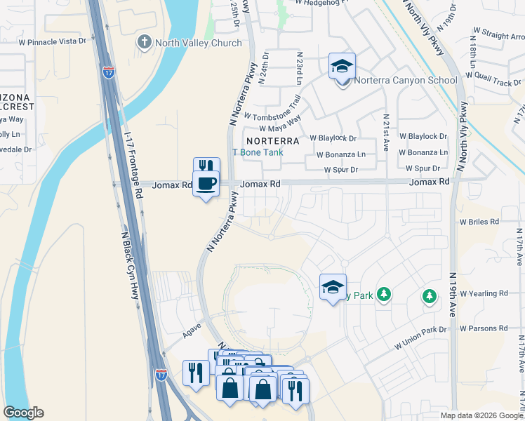 map of restaurants, bars, coffee shops, grocery stores, and more near West Jomax Road in Phoenix