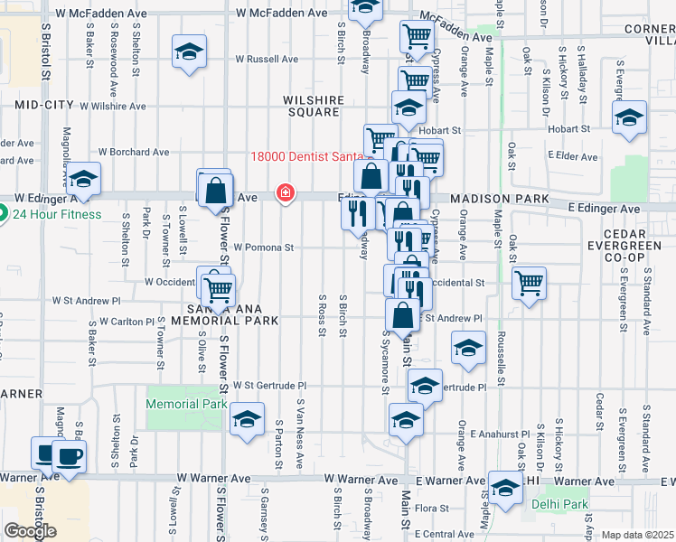 map of restaurants, bars, coffee shops, grocery stores, and more near 1719 South Ross Street in Santa Ana