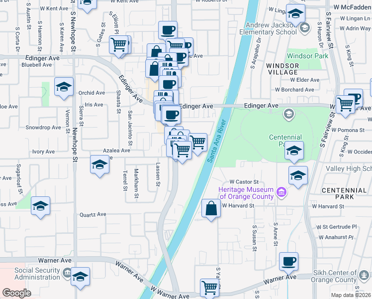 map of restaurants, bars, coffee shops, grocery stores, and more near 16440 Harbor Boulevard in Fountain Valley