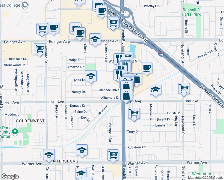 map of restaurants, bars, coffee shops, grocery stores, and more near 7871 Glencoe Drive in Huntington Beach