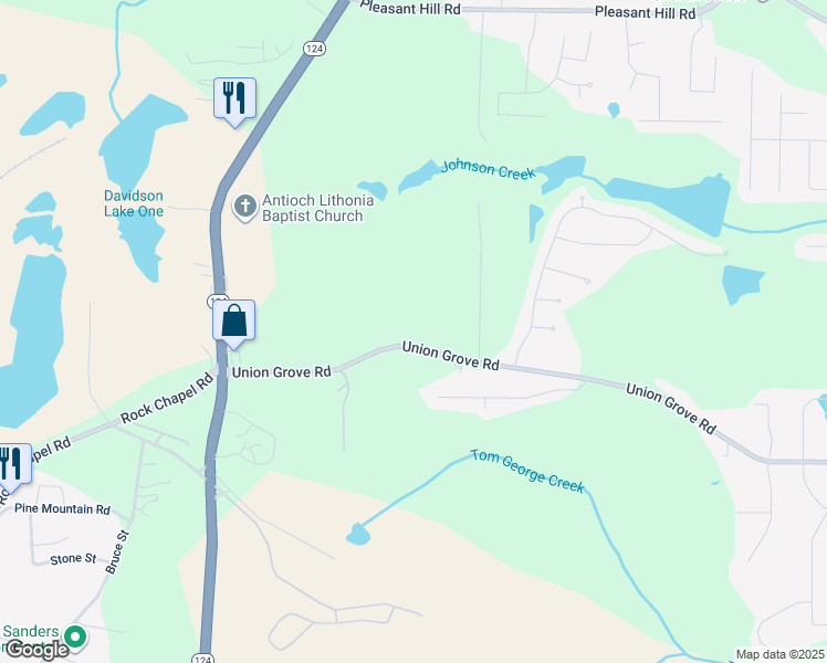 map of restaurants, bars, coffee shops, grocery stores, and more near 7410 Union Grove Road in Lithonia
