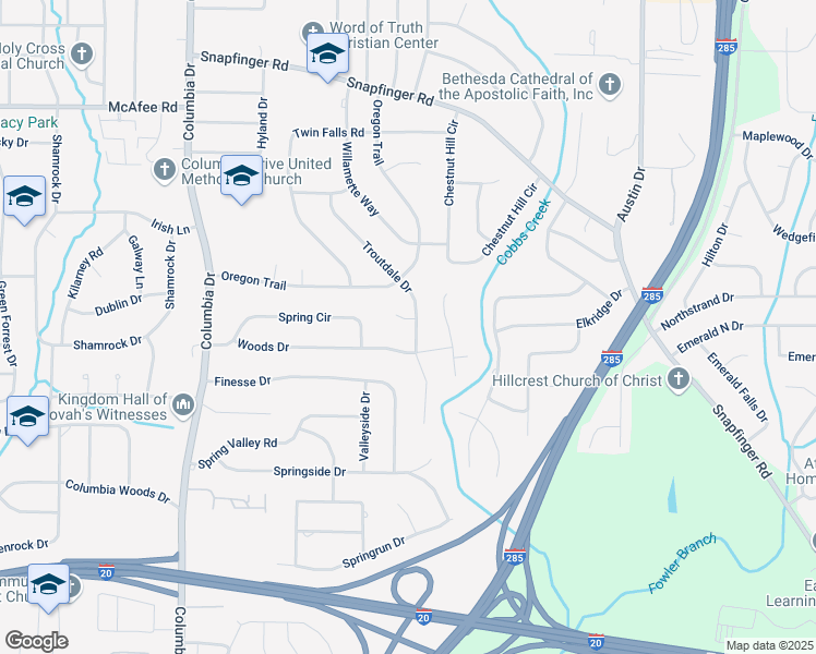 map of restaurants, bars, coffee shops, grocery stores, and more near 2217 Troutdale Drive in Decatur