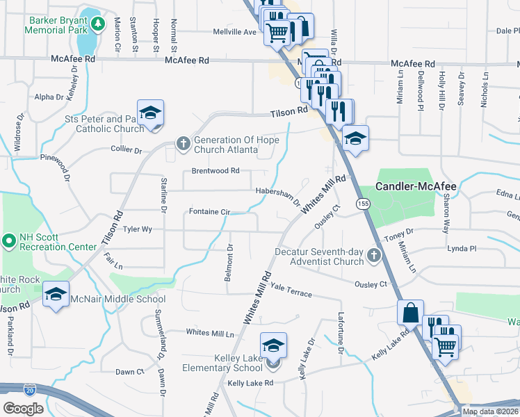 map of restaurants, bars, coffee shops, grocery stores, and more near 2562 Fontaine Circle in Decatur