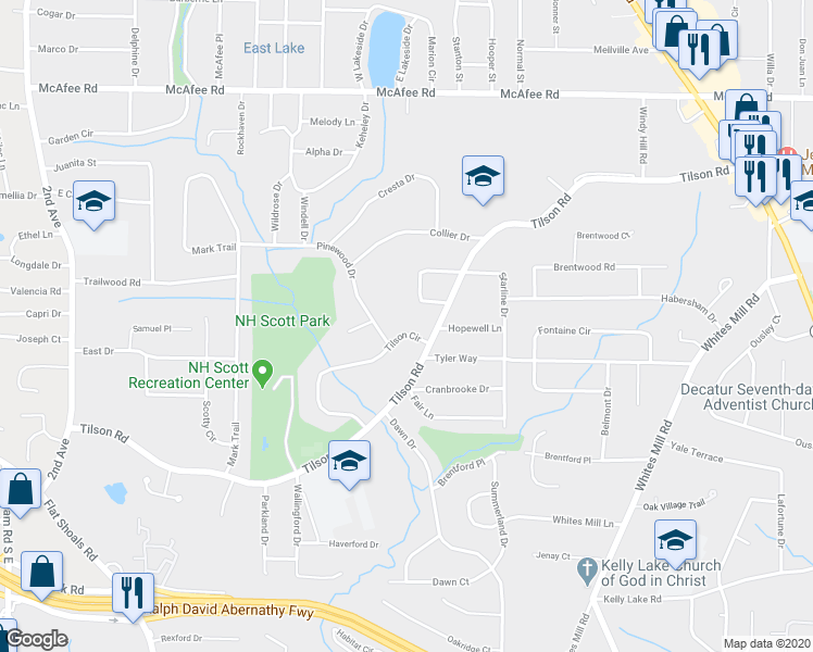 map of restaurants, bars, coffee shops, grocery stores, and more near 2434 Tilson Road in Decatur