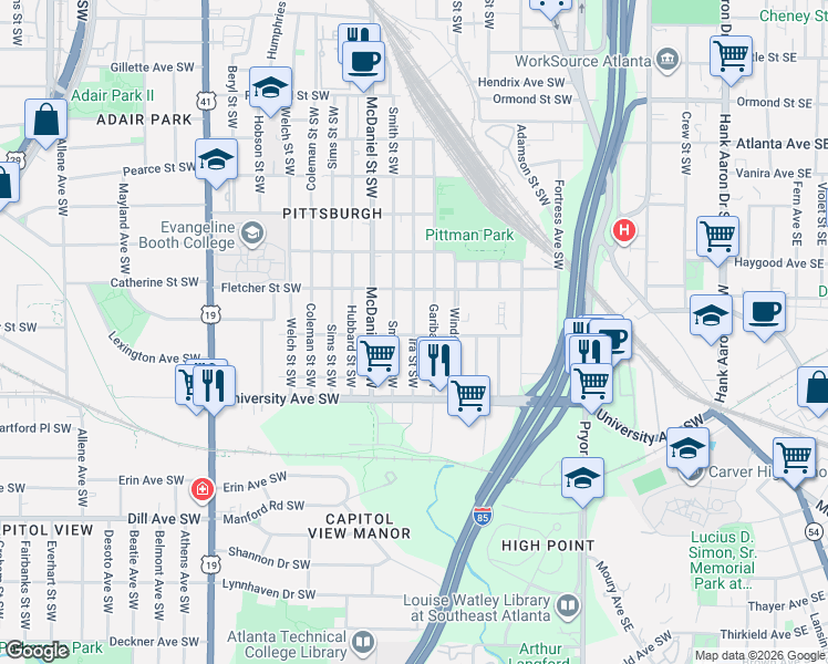 map of restaurants, bars, coffee shops, grocery stores, and more near 1116 Smith Street Southwest in Atlanta
