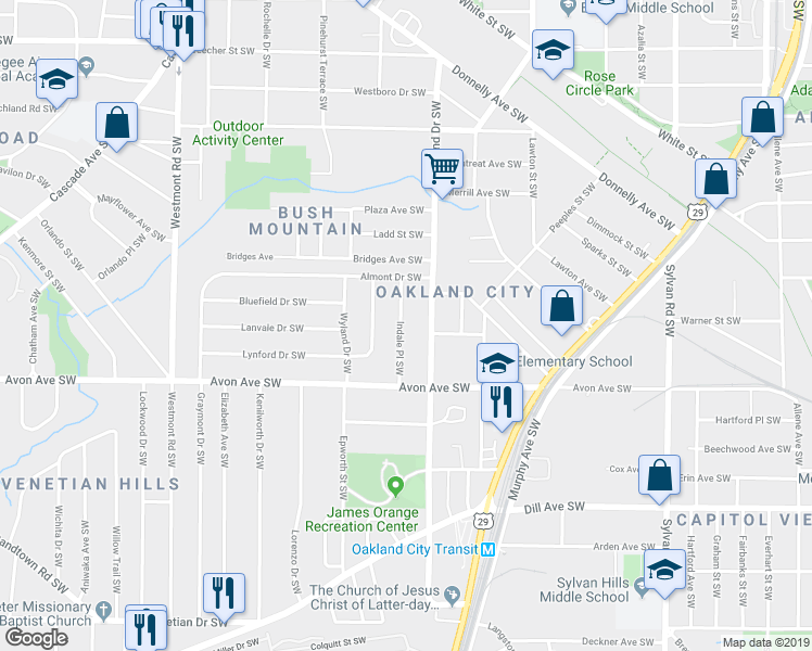 map of restaurants, bars, coffee shops, grocery stores, and more near 1119 Indale Place Southwest in Atlanta