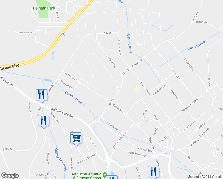 map of restaurants, bars, coffee shops, grocery stores, and more near 415 Castle Avenue in Anniston