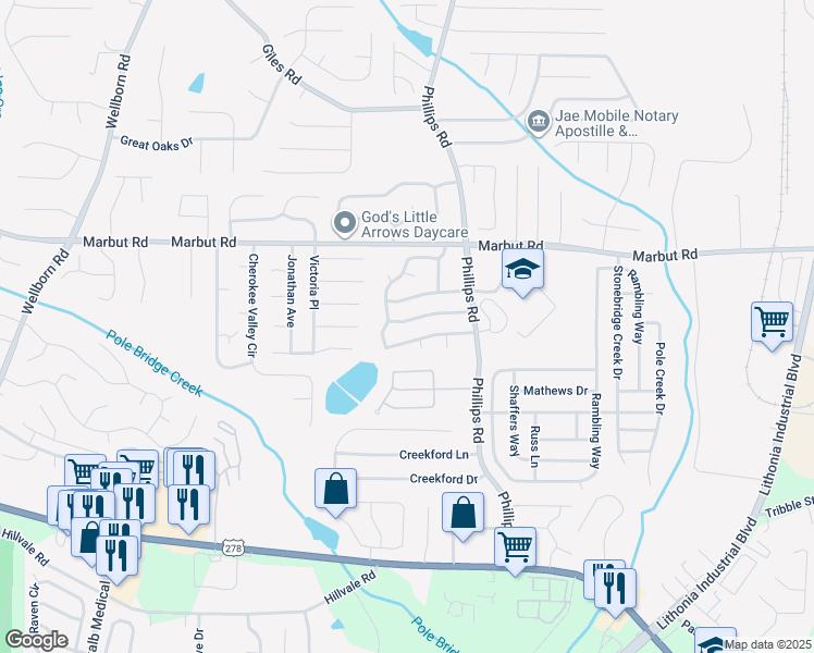 map of restaurants, bars, coffee shops, grocery stores, and more near 6247 Marbut Farms Trail in Lithonia