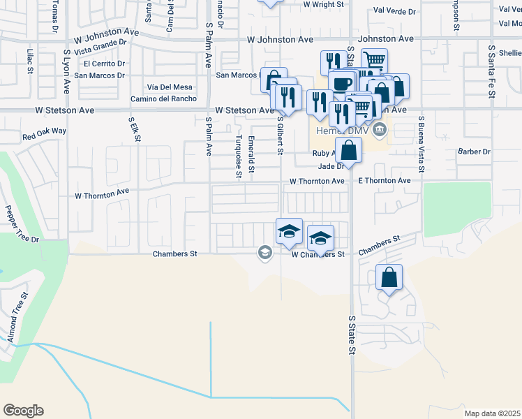 map of restaurants, bars, coffee shops, grocery stores, and more near 725 West Thornton Avenue in Hemet